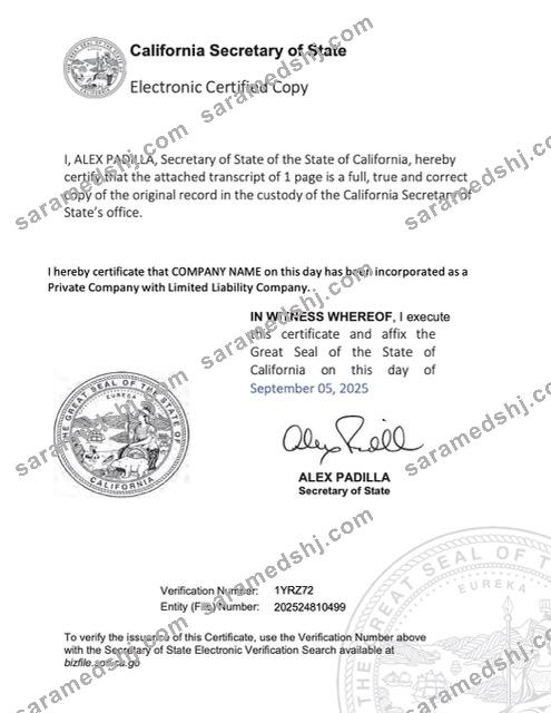 USA California electronic registration certificate Word and PDF template